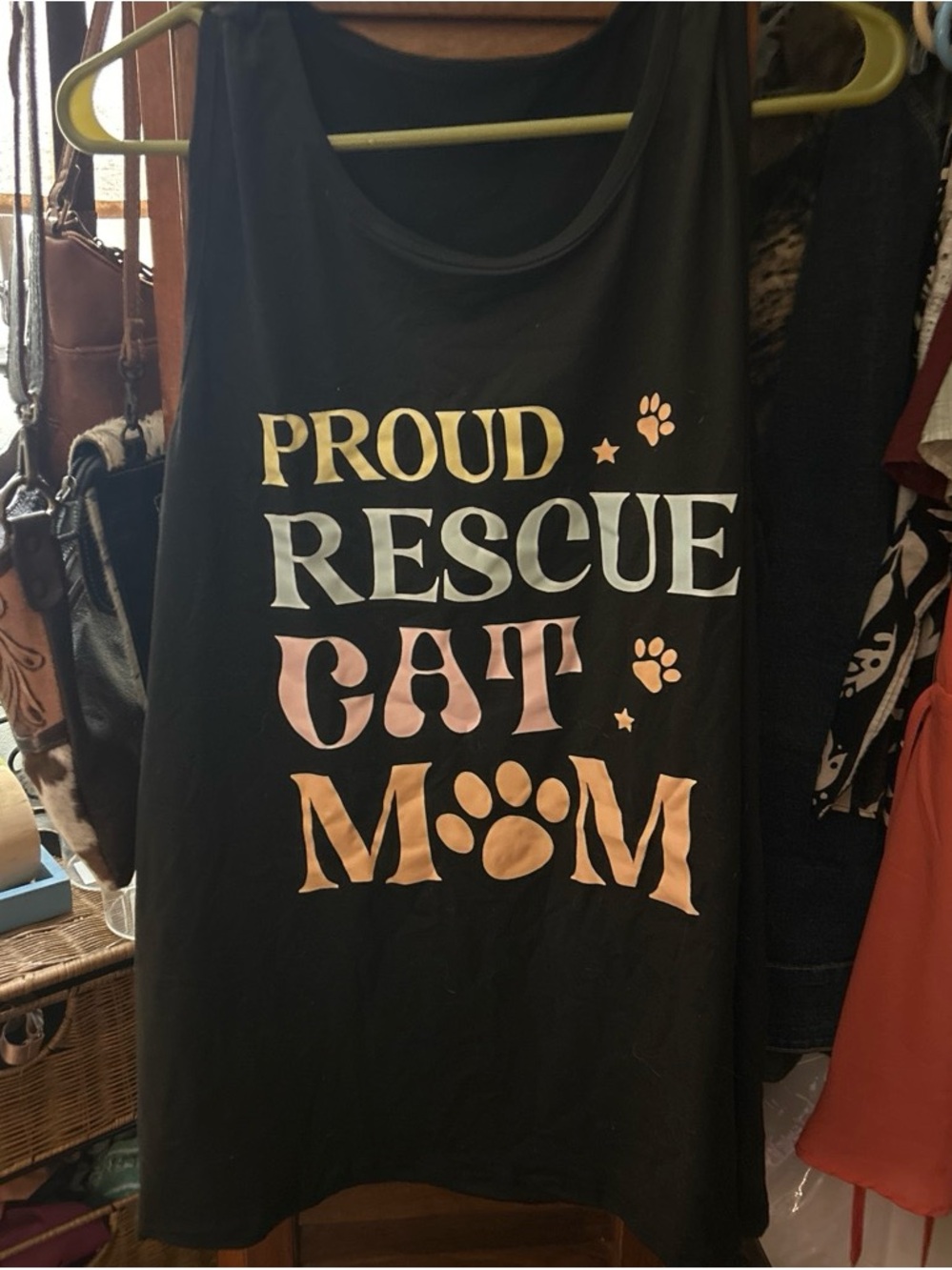 Proud Rescue Cat Mom Tank Top - Black with Pastel Text